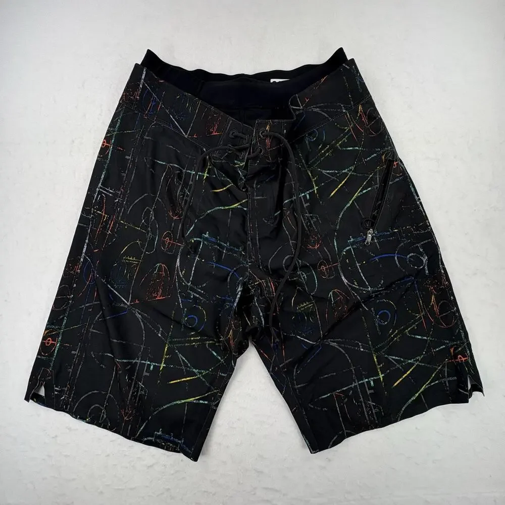 Lululemon Board Shorts Mens 32 Black Abstract Print Swim Surf Quick Dry Stretch